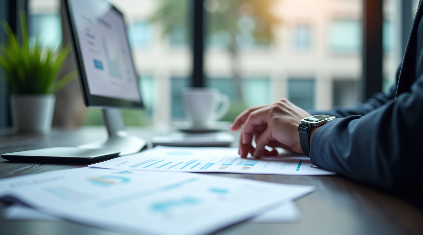 Professional workspace showing invoice management dashboard and billing documents on a modern desk
